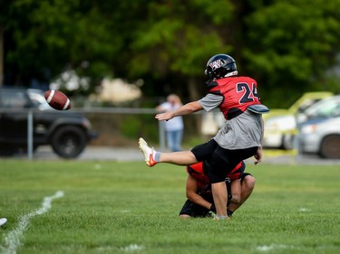 Moments after Wildcats quarterback/kicker Devon Lefevbre connects with the ball on Saturday July 23, 2022 in Cornwall, Ont. Robert Lefebvre/Special to the Cornwall Standard-Freeholder/Postmedia Network