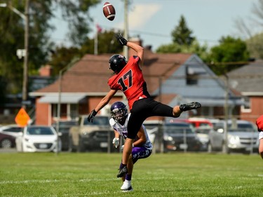 Cornwall Wildcats halfback Noah Cardinal flying like a bird to reach the ball on Saturday July 23, 2022 in Cornwall, Ont. Robert Lefebvre/Special to the Cornwall Standard-Freeholder/Postmedia Network