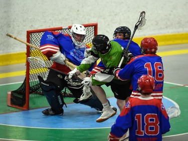 Cornwall Celtics Matteas Thomson in the middle of the Whitby Warriors crease during Game 4 first-round playoff play on Sunday July 3, 2022 in Cornwall, Ont. Cornwall lost this game 7-6, and the best-of-five series is tied 2-2. Robert Lefebvre/Special to the Cornwall Standard-Freeholder/Postmedia Network