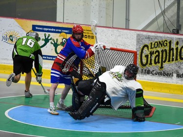 Acrobatics from Cornwall Celtics goaltender Zak Coir during Game 4 first-round playoff play against the Whitby Warriors on Sunday July 3, 2022 in Cornwall, Ont. Cornwall lost this game 7-6, and the best-of-five series is tied 2-2. Robert Lefebvre/Special to the Cornwall Standard-Freeholder/Postmedia Network