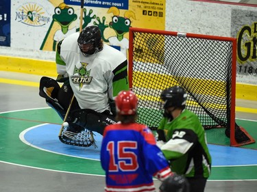 Cornwall Celtics goaltender Zak Coir gets a pad on a Whitby Warriors shot during Game 4 first-round playoff play on Sunday July 3, 2022 in Cornwall, Ont. Cornwall lost this game 7-6, and the best-of-five series is tied 2-2. Robert Lefebvre/Special to the Cornwall Standard-Freeholder/Postmedia Network