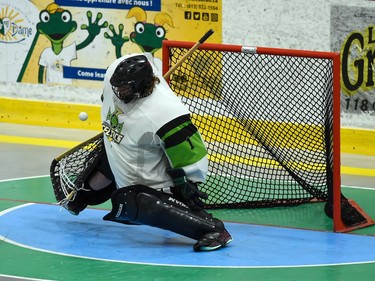 Cornwall Celtics goaltender Zak Coir blocks a Whitby Warriors shot during Game 4 first-round playoff play on Sunday July 3, 2022 in Cornwall, Ont. Cornwall lost this game 7-6, and the best-of-five series is tied 2-2. Robert Lefebvre/Special to the Cornwall Standard-Freeholder/Postmedia Network