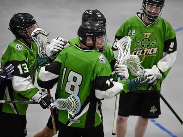 Cornwall Celtics players celebrate a goal during Game 4 first-round playoff play against the Whitby Warriors on Sunday July 3, 2022 in Cornwall, Ont. Cornwall lost this game 7-6, and the best-of-five series is tied 2-2. Robert Lefebvre/Special to the Cornwall Standard-Freeholder/Postmedia Network