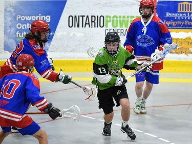 Cornwall Celtics Brock Turcotte with possession and facing Whitby Warriors defence during Game 4 first-round playoff play on Sunday July 3, 2022 in Cornwall, Ont. Cornwall lost this game 7-6, and the best-of-five series is tied 2-2. Robert Lefebvre/Special to the Cornwall Standard-Freeholder/Postmedia Network