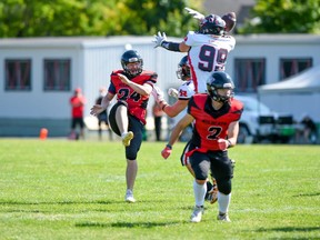 Cornwall Wildcats kicker Devon Lefevbre punt is blocked by a Myers Riders on Saturday July 9, 2022 in Cornwall, Ont. The Wildcats lost 42-36. Robert Lefebvre/Special to the Cornwall Standard-Freeholder/Postmedia Network