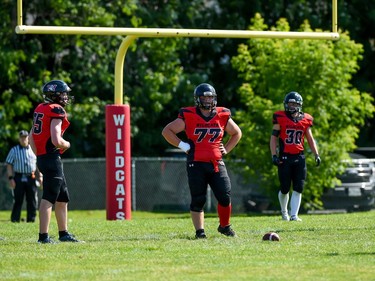 Cornwall Wildcats Keegan Dewar (No. 77) waits for the whistle to start play during the team's game against the Myers Riders on Saturday July 9, 2022 in Cornwall, Ont. The Wildcats lost 42-36. Robert Lefebvre/Special to the Cornwall Standard-Freeholder/Postmedia Network