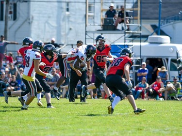 A Cornwall Wildcats' brings down the Myers Riders ball carrier during play on Saturday July 9, 2022 in Cornwall, Ont. The Wildcats lost 42-36. Robert Lefebvre/Special to the Cornwall Standard-Freeholder/Postmedia Network