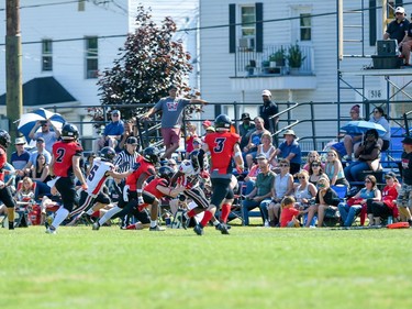 A Cornwall Wildcats player tackles the Myers Riders ball carrier during play on Saturday July 9, 2022 in Cornwall, Ont. The Wildcats lost 42-36. Robert Lefebvre/Special to the Cornwall Standard-Freeholder/Postmedia Network