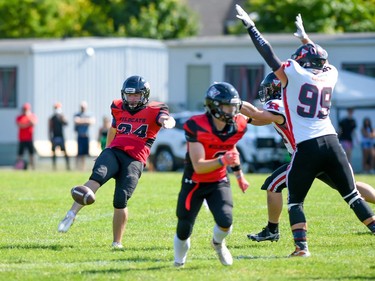 Cornwall Wildcats kicker Devon Lefevbre punts during the team's game against the Myers Riders on Saturday July 9, 2022 in Cornwall, Ont. The Wildcats lost 42-36. Robert Lefebvre/Special to the Cornwall Standard-Freeholder/Postmedia Network
