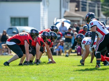 The Cornwall Wildcats' offensive line, ready for the play during the team's game against the Myers Riders on Saturday July 9, 2022 in Cornwall, Ont. The Wildcats lost 42-36. Robert Lefebvre/Special to the Cornwall Standard-Freeholder/Postmedia Network