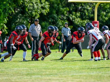 Cornwall Wildcats' defensive line rushes during the team's game against the Myers Riders on Saturday July 9, 2022 in Cornwall, Ont. The Wildcats lost 42-36. Robert Lefebvre/Special to the Cornwall Standard-Freeholder/Postmedia Network