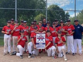 The Chatham Diamonds won the Chatham Minor Baseball Association 13U tournament at Kinsmen Park in Chatham, Ont., on Sunday, July 24, 2022. The Diamonds are, front row, left: Colin Stevenson, Pearce Verhart, Bryden Parker and Elliot Crow. Middle row: Carson Labute, Roy Davidson, Tiago Rolo, Cam Arnold, Logan Kuchta, Owen Debicki, Jackson Liberty, Dryden DeCook and Kayden Presley. Back row: Don Arnold, Joe Liberty, Ryan Presley, Don DeCook, Bryan Parker and Jonathan Presley. (Contributed Photo)