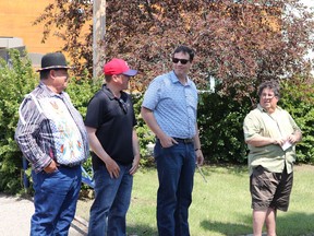 MP Damien Kurek, MLA Nate Horner as well as First Nations representative Kenny Dion and Mayor Danny Povaschuk were present at the flag raising ceremony on July 1 in Hanna. Jackie Irwin/Postmedia