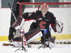 Prince George Cougars goaltender Tyler Brennan runs through drills during practice for the 2022 Kubota CHL/NHL Top Prospects in Kitchener, Ont. on Tuesday, March 22, 2022.