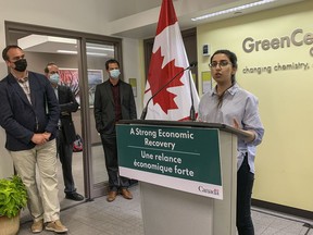 Myra Arshad, co-founder of Alt Tex, right, talks about how her company is looking into alternatives to polyester during a funding announcement by the Government of Canada as it invests over $2.5 million to support early-stage cleantech companies, along with Kingston and the Islands MP Mark Gerretsen, Andrew Pasternak, executive director of Green Centre Canada and Tim Clark, Green Centre Canada business operation manager, at Green Centre Canada in Kingston on Thursday.