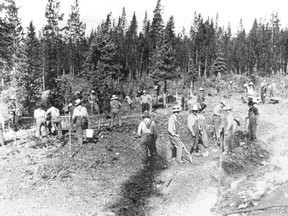 Internees working near the Castle Mountain, Alta., internment camp, 1915. A memorial on the site recognizes the many Ukrainian Canadians interned during the First World War as "enemy aliens."