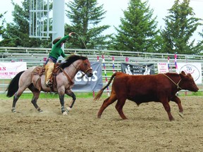 Pam Vancuren of the Spring Hills Cattle Co team scored a 92.5 in the Ranch Horse Competition Friday afternoon at the Nanton ag grounds. The Ranch Bronc Riding event took place Friday evening, and the Nanton Ranch Rodeo was held on Saturday. STEPHEN TIPPER