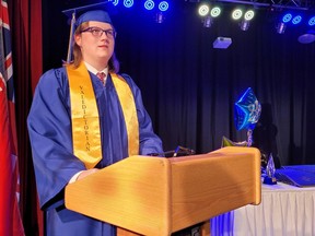 Bishop Smith Catholic High School's Class of 2022 valedictorian Asher Knight delivers his address during graduation ceremonies at Festival Hall in Pembroke. Anthony Dixon