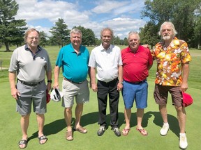 Some members of the 1972-73 Pembroke Lumber Kings team that advanced to the Centennial Cup Final before losing to the Portage la Prairie Terriers pose for a picture before the alumni tournament starts.  From left Pat Hahn, Terry Woermke, Tim Harrington, Randy Mohns, Murray Thrasher.