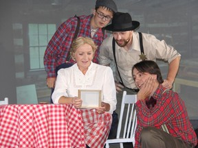Stone Fence Theatre's latest production titled 'Tom Thomson and the Colours of Canada – Love, gossip and murder in Algonquin Park' is currently running on stage at the Rankin Culture and Community Centre. Talking art and the beauty of the Canadian wilderness in this scene are, from left, Shirley Hill, Logan Roach, Kirk Harber and Nigel Epps. Anthony Dixon