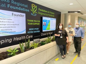 The Pembroke Regional Hospital Foundation has launched a Giving Garden as a way for donors to honour a loved one and for businesses to show their support of the hospital. In the photo from left, Leigh Costello, PRHF community fundraising specialist, Lana Murphy of Astrid's Floral Boutique , and Roger Martin, PRHF executive director.