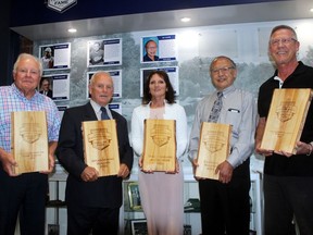 The Petawawa Sports and Entertainment Hall of Fame inducted its Class of 2020 on June 30 at the Civic Centre. In the photo are (left to right) Dwight Suckow (inducting the late Hec Clouthier Sr.), inductee Brian Mohns, inductee Tracy Annand, inductee Ed Chow and J.P Berthiaume (inducting Joshua Bartholomew).