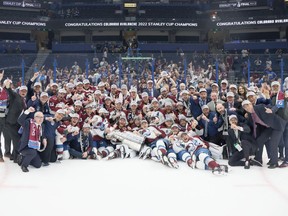 Pembroke Lumber King alumnus Shawn Allard and current Colorado Avalanche skills coach poses for a photo along with the other members of the team after the Avs defeated the Tampa Bay Lightning 2-1 in Game Six of the 2022 NHL Stanley Cup Final at Amalie Arena on June 26, 2022 in Tampa, Florida.