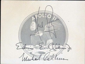 A card autographed by the Apollo 11 astronauts following a celebratory dinner at the Chateau Laurier in late 1969 to honour the moon landing. (Stratford-Perth Archives)