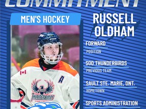 Russell Oldham will play hockey and study Sports Administration at Sault College beginning this fall. The 2001-birth-year forward played parts of two seasons in the Northern Ontario Jr. Hockey League for the Soo Thunderbirds.