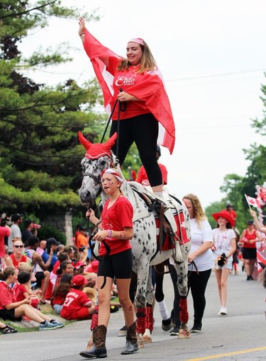 A rider from Elite Stables in Sarnia stands on her horse during the city's Canada Day parade on Friday. Terry Bridge/Sarnia Observer/Postmedia Network