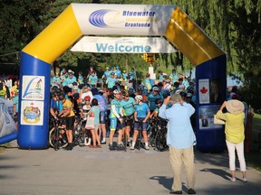 Cyclists get ready to start Sunday morning in Bright's Grove during the Bluewater International Granfondo.