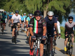 Cyclists start out Sunday morning along Old Lakeshore Road in Bright's Grove during the Bluewater International Granfondo. The annual Sarnia event attracted more than 800 cyclists this year.