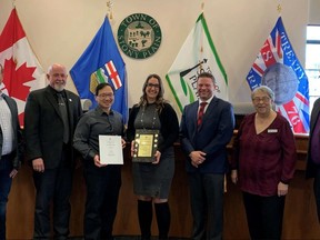 Town of Stony Plain Councillors pose with their 10th consecutive CAnFR Reporting Award during the Apr. 4 Stony Plain Governance and Priorities Meeting. Submitted Photo.