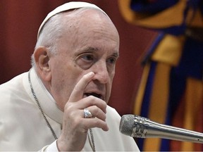 Pope Francis speaks during an audience on March 16, 2022. TIZIANA FABI/AFP via Getty Images