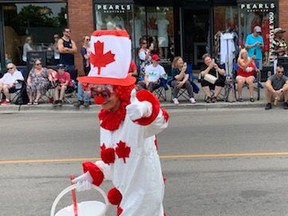 A Canada Day parade in Port Dover wouldn't be complete without the popular clowns.  This clown took part in Friday's celebration.  ALEX HUNT