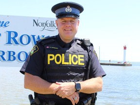 Acting Norfolk OPP Sgt.  Ed Sanchuk was among many officers and other emergency services personnel stationed at the Port Rowan Marina on Sunday during the annual Pottahawk party, held every second Sunday in July in Lake Erie.  MICHELLE RUBY PHOTO
