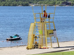 A lifeguard monitors the main beach at Bell Park on June 22. Seven municipal beaches have lifeguard supervision. The beaches include; Bell Park main beach, Capreol public beach on Marshy Lake, Kalmo Beach on Whitson Lake in Val Caron, Centennial Park Beach at 400 Graham Road in Whitefish, Moonlight Beach on Ramsey Lake, Nepahwin Beach on Nepahwin Lake, and Whitewater Lake Park on Whitewater Lake in Azilda.