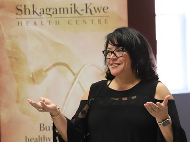 Angela Recollet, of Shkagamik-Kwe Health Centre, makes a point at the launch of the second annual Mooz Akinonmaaget Maa Aki, Moose Hunt initiative at the Shkagamik-Kwe Health Centre on Thursday. The initiative focuses on building positive relationships between Indigenous youth and Greater Sudbury Police officers based on mutual respect, cultural awareness and inclusivity. "In partnership with Niijaansinaanik Child and Family Services, Nogdawindamin Family & Community Services, Kina Gbezhgomi Child and Family Services, Children's Aid Society, Shkagamik-Kwe Health Centre and the Ministry of Natural Resources and Forestry, the project is designed to promote the spiritual, physical, emotional and mental well-being of Indigenous youth," said a release issued by police.