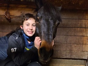 Adrian Cecchetto, a Grade 7 student at Ecole Ste Marie in Azilda, will ride Oliver for this weekend's Rick Smith Memorial Foothills Farm/Northern Legacy Horse Show. Supplied