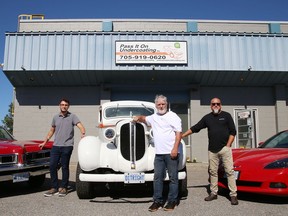 Joseph Gregorini, left, of Ponterio Developments, Wade Hein, of Pass It On Undercoating, and Mike Zimmer, of Victory Lube, are inviting the community to support Sudbury CARes Car Show in Sudbury, Ont. on August 7, 2022 at the Verdicchio Ristorante parking lot on Kelly Lake Road. The fundraiser, which will support the Sudbury Food Bank and NEO Kids Foundation, will feature classic cars and a number of food vendors. John Lappa/Sudbury Star/Postmedia Network