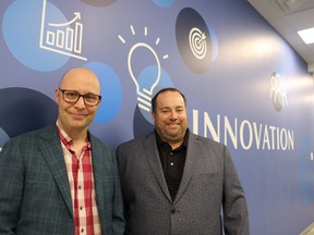 Scott Pelton (left) and Tim Peters and the Innovation Quarters co-working space in Downtown Sudbury. Mia Jensen