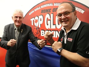 Conrad Houle, left, and Gord Apolloni, of Top Glove Boxing Academy, were on hand for a press conference in Sudbury in this file photo. Houle, a businessman with a strong love for sports, died earlier this month. John Lappa/Sudbury Star/Postmedia Network