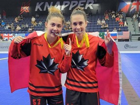 Timmins natives Carley Blomberg, left, and her sister Alicia celebrate winning the gold medal at the 2022 Women's World Ball Hockey Championships on June 27. The tournament was held in Laval, Que., and featured six countries.

Supplied
