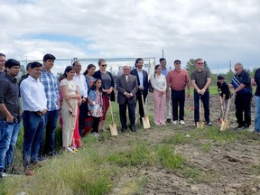 Councillors Frank Sisco, Robert Hutchinson, Rodney Hoogenhoud, Interim CAO Monika Malherbe, and Mayor Denis Clement join Jay Dodiya and Kavi Agnihotri, their families and friends at the recent ground breaking ceremony for the newest hotel that is to be built in Cochrane. Construction is expected to be completed in time for the 2023-2024 snowmobile season.
