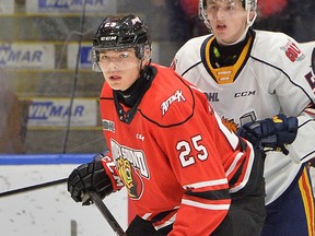 Ottawa-area OHLers Kaleb Lawrence and Brandt Clarke pictured here as OHL rookies are now both prospects in the Los Angeles Kings system. Clarke was the Kings first-round pick in 2021 while Lawrence, after missing nearly two complete seasons due to shoulder injuries and the COVID-19 shutdown was selected by the Kings in the seventh round of the 2022 NHL Entry Draft. Terry Wilson/OHL Images
