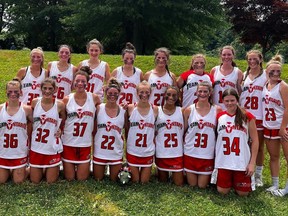 The Team Ontario under-17 field lacrosse team won the 2022 World Lacrosse Women's Festival in Maryland Tuesday. Team Ontario, featuring Taryn Lee (26) and Laine Nissen (32), as well as head coach Lyndsay Brooks from Owen Sound, beat the Akwesasne Ride 13-12 in overtime to top the under-18 division at the festival. Photo submitted.