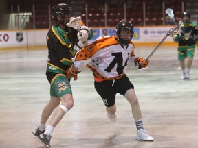 Zach Tomkinson drives to the net  in the second period as the Owen Sound Bug Juice North Stars host the Ennismore James Gang in Ontario Series Lacrosse action Saturday, June 11, 2022, inside the Harry Lumley Bayshore Community Centre. Greg Cowan/The Sun Times