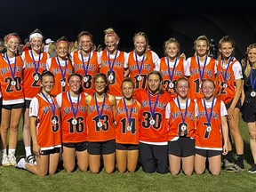 The Owen Sound Creative Playgrounds North Stars under-19 team finished the first Junior Elite Women's Lacrosse season as silver medalists Saturday. Photo submitted.

Front row, left to right: Karly Low, Taryn Lee, Laine Nissen, Emma Bryan, Gillian Warren, Katlyn Strong, Dani Strong. Top row, left to right: Torey Barfoot (coach) Brooklyn Doyle, Tara Meikle, Kennedy Stauffer, Jillian Goldie, Kennedy Coghlin, Taylor Cheghano, Ariawna Jackson, Cassidy Low, Courtney Scott, Stacey Goldie (manager)