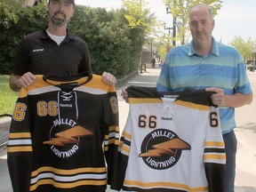 Partners Kris Goodison and Don Elliot show off the jerseys that will be on the backs of Millet's Junior C Lightning this season.
Christina Max