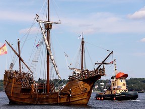 The Nao Trinidad and Theodore Too return to Blockhouse Island after the Parade of Sail opening June's Tall Ships Festival, a highlight of this year's summer tourism season. (FILE PHOTO)